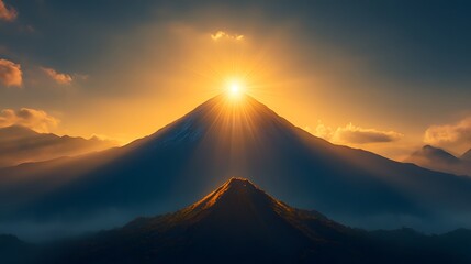 A majestic mountain landscape with sunlight shining through its peaks, casting a warm glow over nature