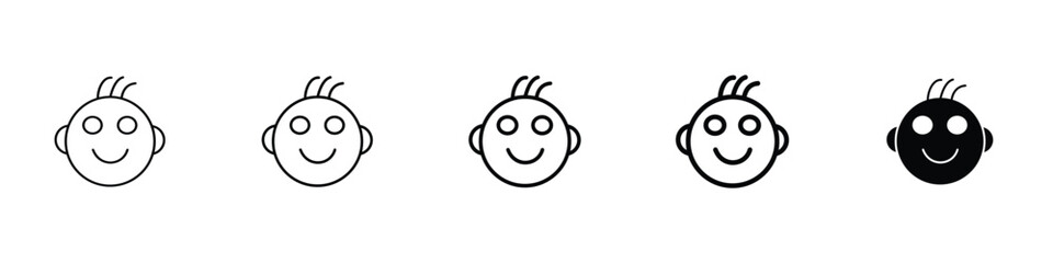 Set of 5 pixel perfect child head icon with 1 unexpanded, 1 silhouette, a simple and clear icon representing a child’s head or face.