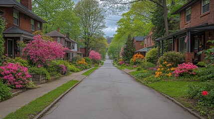 Fototapeta premium Spring blooms line a quiet residential street