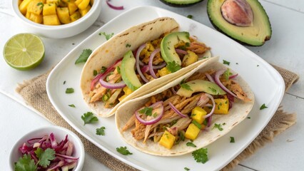 Delicious Two Tacos with Mango Salsa and Avocado, Food Photography, Overhead Shot, Mexican Food Tacos, Mexican Cuisine