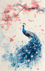 Serene Watercolor Illustration of a Peacock Amidst Cherry Blossom Petals and Gentle Blooms in Soft Pastels