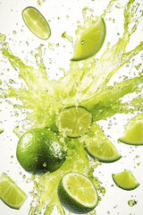 Exploding lime burst, vibrant water and water color palette, juice splashes and lime fragments flying outward