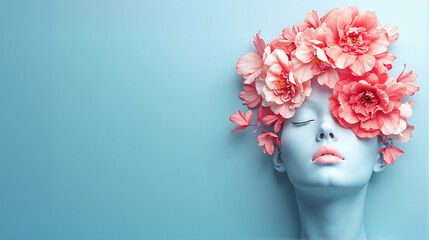 Naklejka premium National Women's History Month. White female marble statue surrounded with spring flowers on blue background. Heritage of feminism celebrated in March