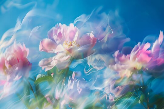Dreamy floral abstraction featuring soft-focus pink peonies with light trails on a vibrant blue background. Perfect for nature-inspired designs, romantic concepts, and artistic backgrounds.