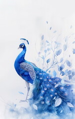 Serene Watercolor Illustration of a Radiant Peacock Surrounded by Delicate Blue Leaves and Soft Hues