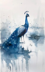 Serene Watercolor Illustration of a Majestic Peacock in Tranquil Blue Tones, Perfect for Art Lovers and Nature Enthusiasts
