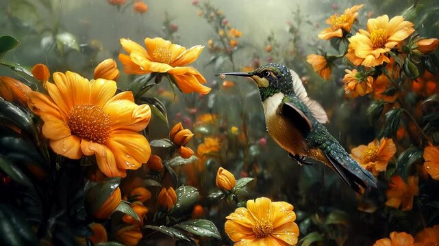 Colorful bird visits vibrant orange flowers in a lush garden during springtime