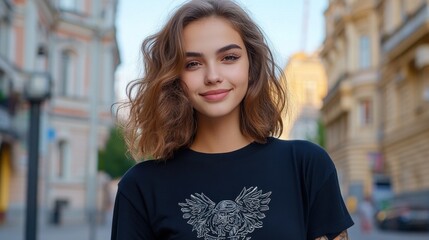 Fototapeta premium Young woman portrait with a tattoo on her chest standing on a city street in the evening.