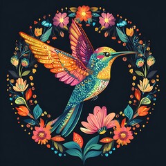 Obraz premium Colorful hummingbird surrounded by floral wreath, decorative art, possible use as print or greeting card