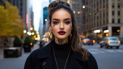 Fototapeta premium Young woman portrait with a tattoo on her jawline standing on a city street in the evening.