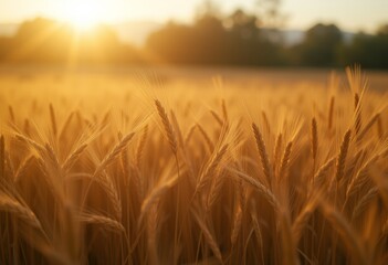 Fototapeta premium Wheat field at sunset with the sun shining brightly