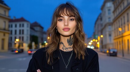 Fototapeta premium Young woman portrait with a tattoo on her forearm standing on a city street in the evening.
