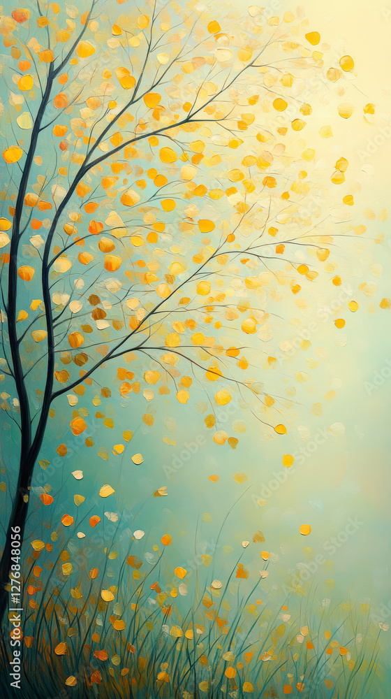 Poster autumn scene with golden leaves on tree branches in vibrant sunlight, creating a serene and captivat