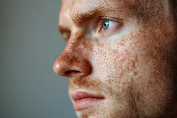 Obraz premium A close-up facial portrait capturing the thoughtful expression of a mature man with textured skin and green eyes.