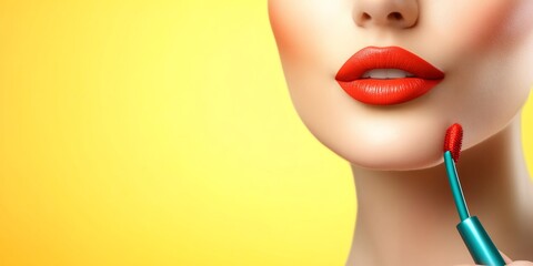 pop art woman applying bright red lipstick in close-up