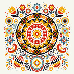 Scandinavian folk art with Easter Eggs, Sun and Flowers, symmetrical vector illustration. Symmetrical ornament with sun and eggs with different colorful folk ornaments on white background