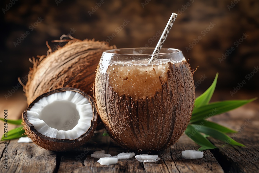 Poster coconuts split open on wooden table with straw ready for refreshing drink