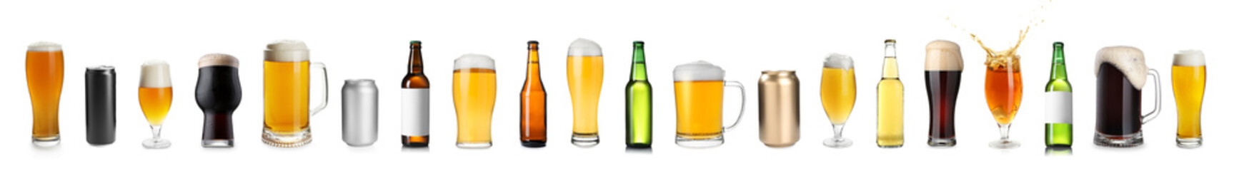 Different types of fresh beer isolated on white, set