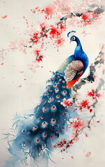 Serene Watercolor Illustration of a Peacock Among Cherry Blossom Branches in Soft Colors