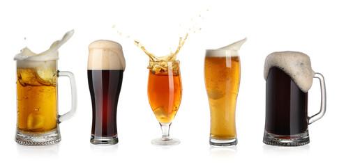 Different types of fresh beer isolated on white, set