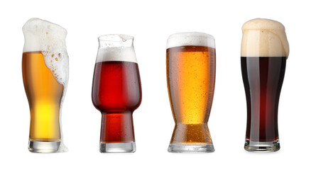 Different types of fresh beer isolated on white, set