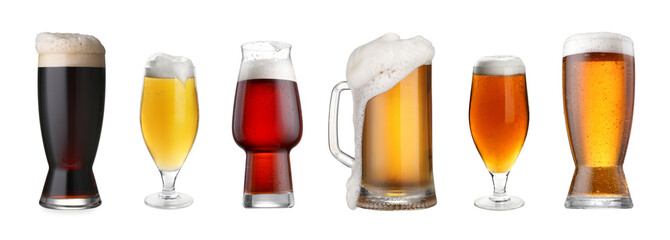 Different types of fresh beer isolated on white, set