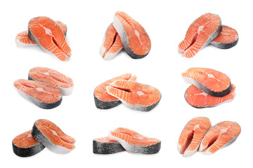 Fresh salmon steaks isolated on white, set