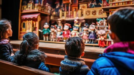 Obraz premium Children Watching Puppet Show in Colorful Theatre Setting
