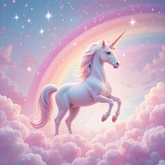 Naklejka premium A whimsica pastel rainbow unicorn background shines with sparkling stars against a soft, pink fantasy sky. Fairy iridescent gradient backdrop