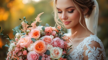 Naklejka premium Beautiful Bride Holding a Colorful Bouquet Surrounded by Autumn Foliage in Soft Evening Light