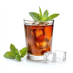  A Cool Composition of a Glass Filled with Iced Tea, Garnished with Fresh Mint Leaves, and Ice Cubes on a White Background - A Summer Drink Still Life