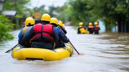 Rescue workers transporting evacuees in floodwaters