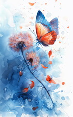 Serene Watercolor Butterfly and Flower Composition with Blue Tones and Delicate Details