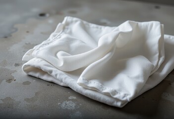 Obraz premium White folded cloth resting on a stained concrete surface, highlighting the contrast between clean fabric and rugged texture, perfect for industrial and minimalist-themed designs.