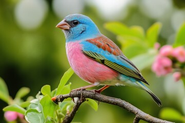 Fototapeta premium Vibrant Bird Perched on Branch Surrounded by Lush Green Foliage in Bright Natural Setting