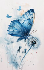 Serene Watercolor Illustration of a Blue Butterfly and Dandelion with Delicate Butterflies in a Dreamy Landscape