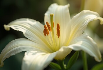 Fototapeta premium Close-up view of a beautiful white lily flower in bloom, showcasing its delicate petals, vibrant yellow center, and intricate details under soft lighting.