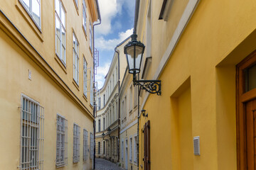 A quaint tiny alley Retezova in Prague, Czech Republic.