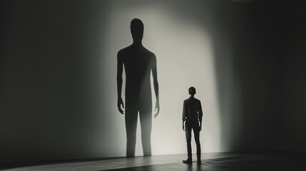 Person casts a large shadow against a wall in a dimly lit space.
