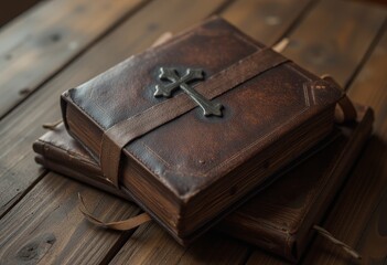 Aged leather-bound book with an ornate metal cross on the cover, resting on a wooden surface, showcasing intricate stitching and vintage charm, perfect for historical and religious-themed designs.