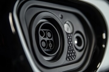 Close up view of an electric vehicle charging port in urban setting. Generative AI