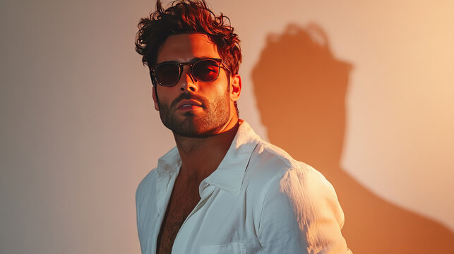 portrait of casual man wearing a white undershirt and a apir of sunglasses standing in spotlight on white background, in studio