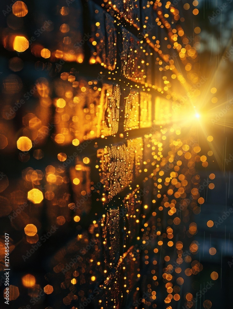 Poster raindrops catch the warm glow of the setting sun on a rustic brick wall, creating sparkles and a moo