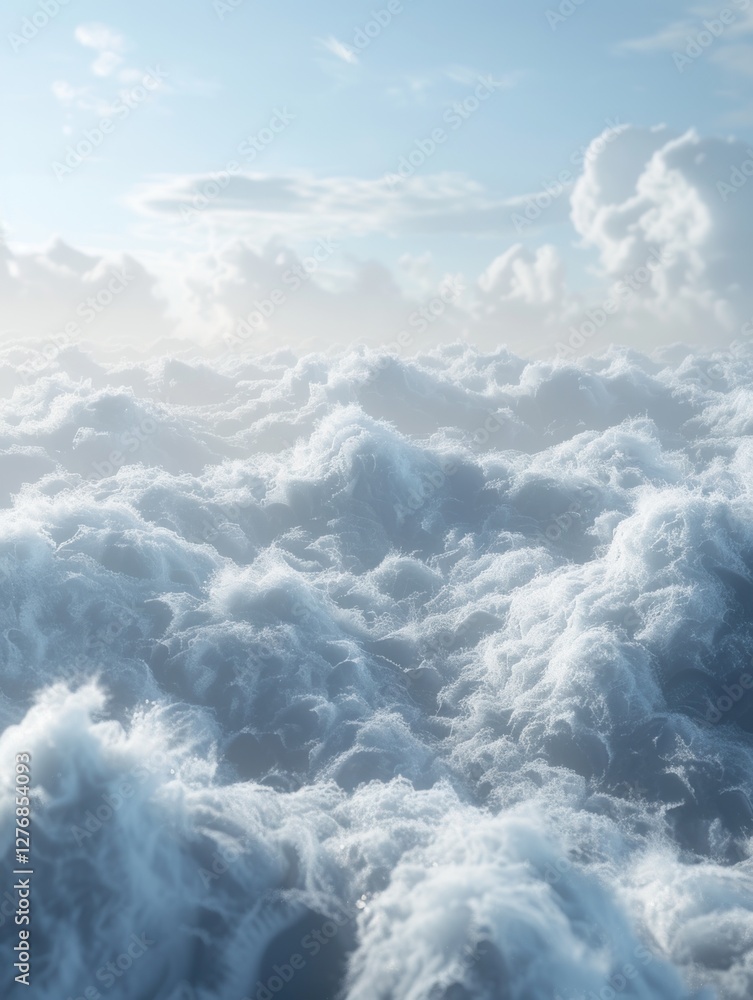 Poster fluffy clouds with intricate textures glow softly in the gentle sunlight, creating a serene and airy