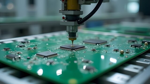 Robotic arm manufacturing a microchip, printed circuit board close-up, computer equipment automation