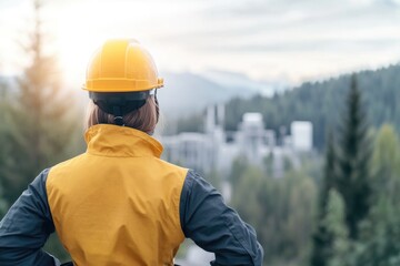 person wearing safety gear stands confidently in front of blurred backdrop of water treatment facility