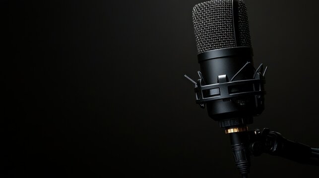 Studio microphone recording audio, dark background, podcasting