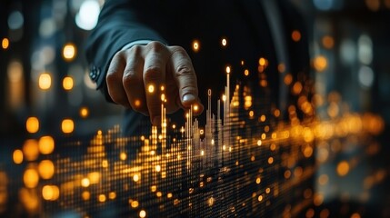 Business professional interacting with digital data visualization in a modern office setting