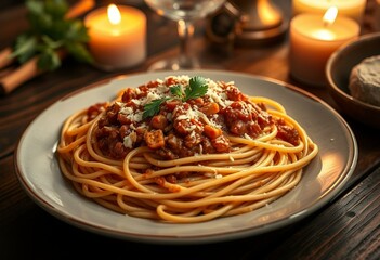 Steaming plate of spaghetti Bolognese with parmesan cheese and parsley on a rustic wooden table