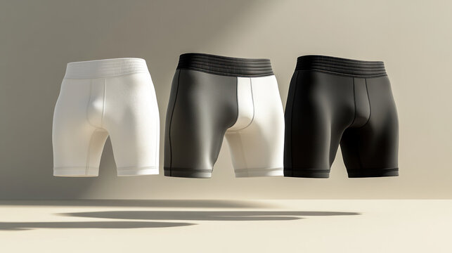 Mockup of men's sports shorts with compression fittings. White, black and heather sportswear. Top View. Set